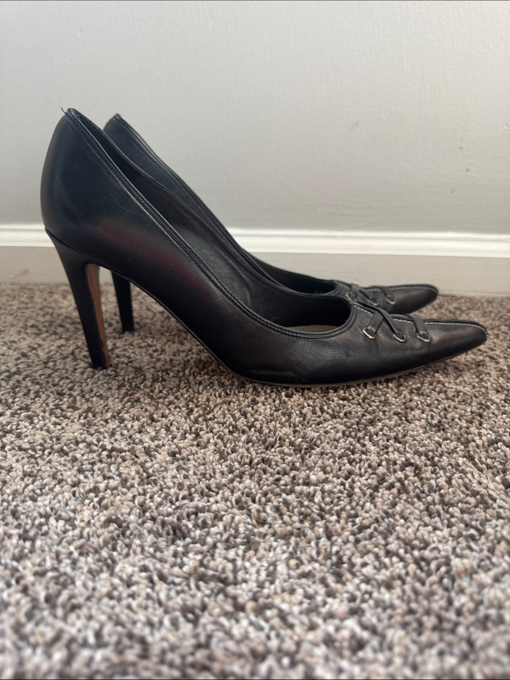 Charles David Black Pointed Lace-Trim Leather Pumps - Picture 2 of 4